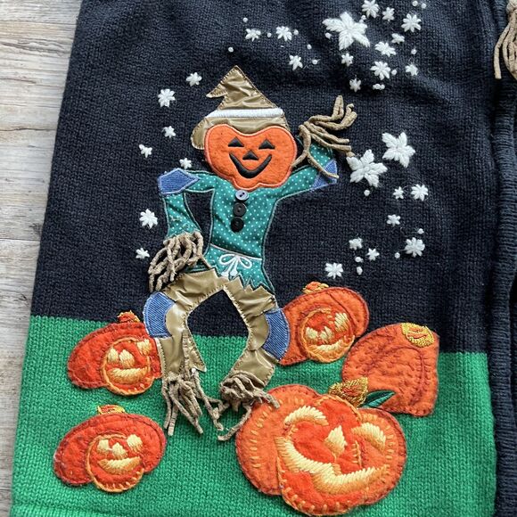 Halloween Sweater Vintage 90s Spooky Kitschy Festive Large Patch Black Orange - Picture 2 of 10